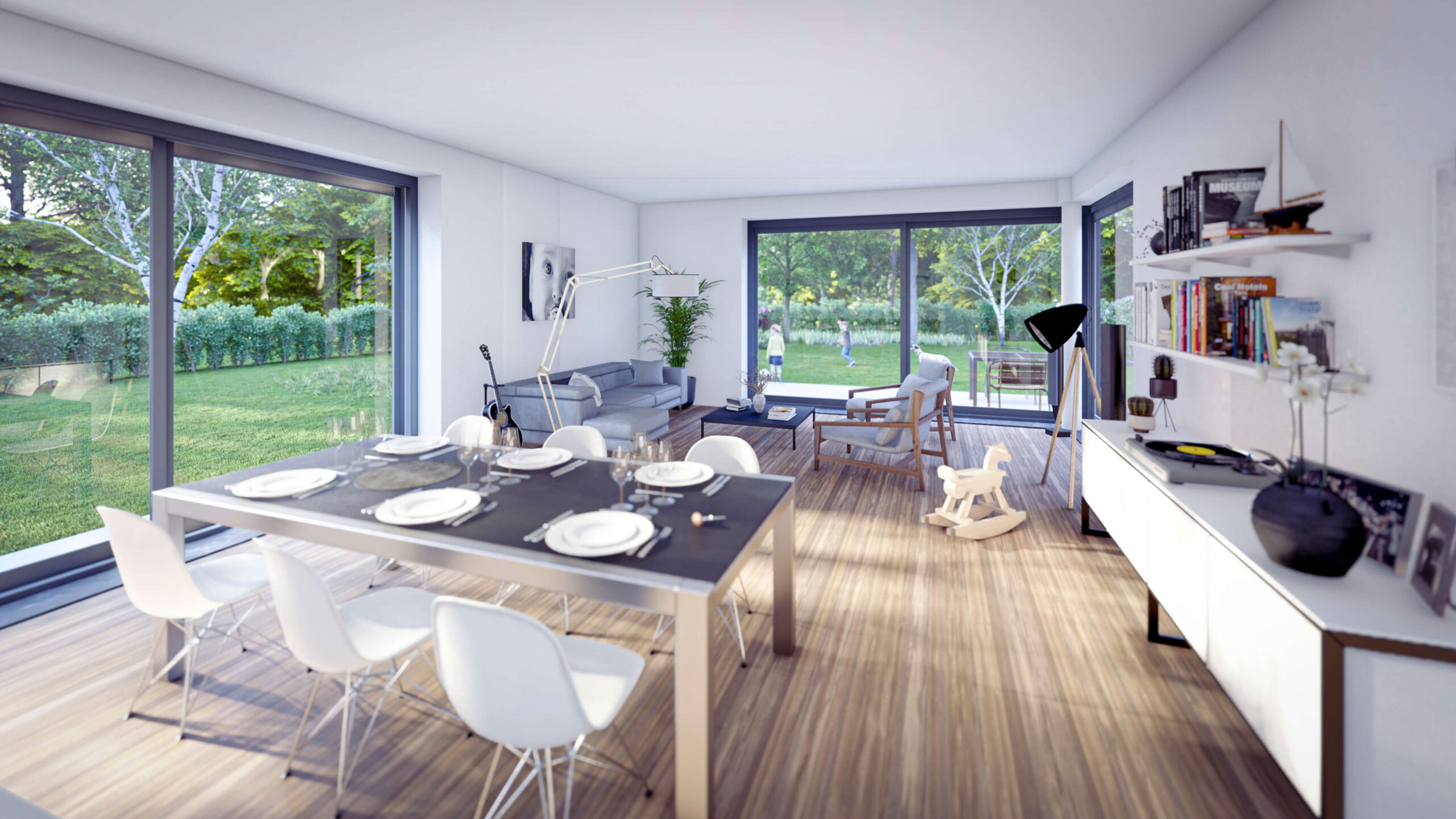 Séjour lumineux du projet Villas Bois de la Pierre à Wavre, espace ouvert avec salle à manger, salon contemporain et grandes baies vitrées donnant sur le jardin.